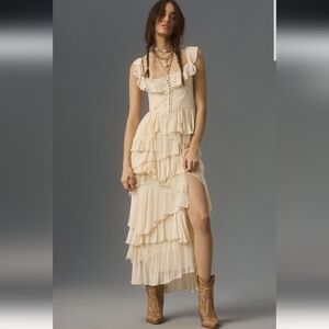 Anthropologie Cream Tiered Ruffle Maxi Dress